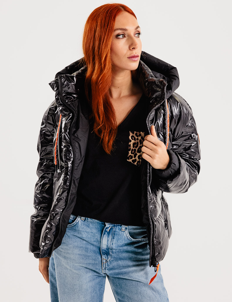 Gertrude  -  Doudoune noire brillante femme